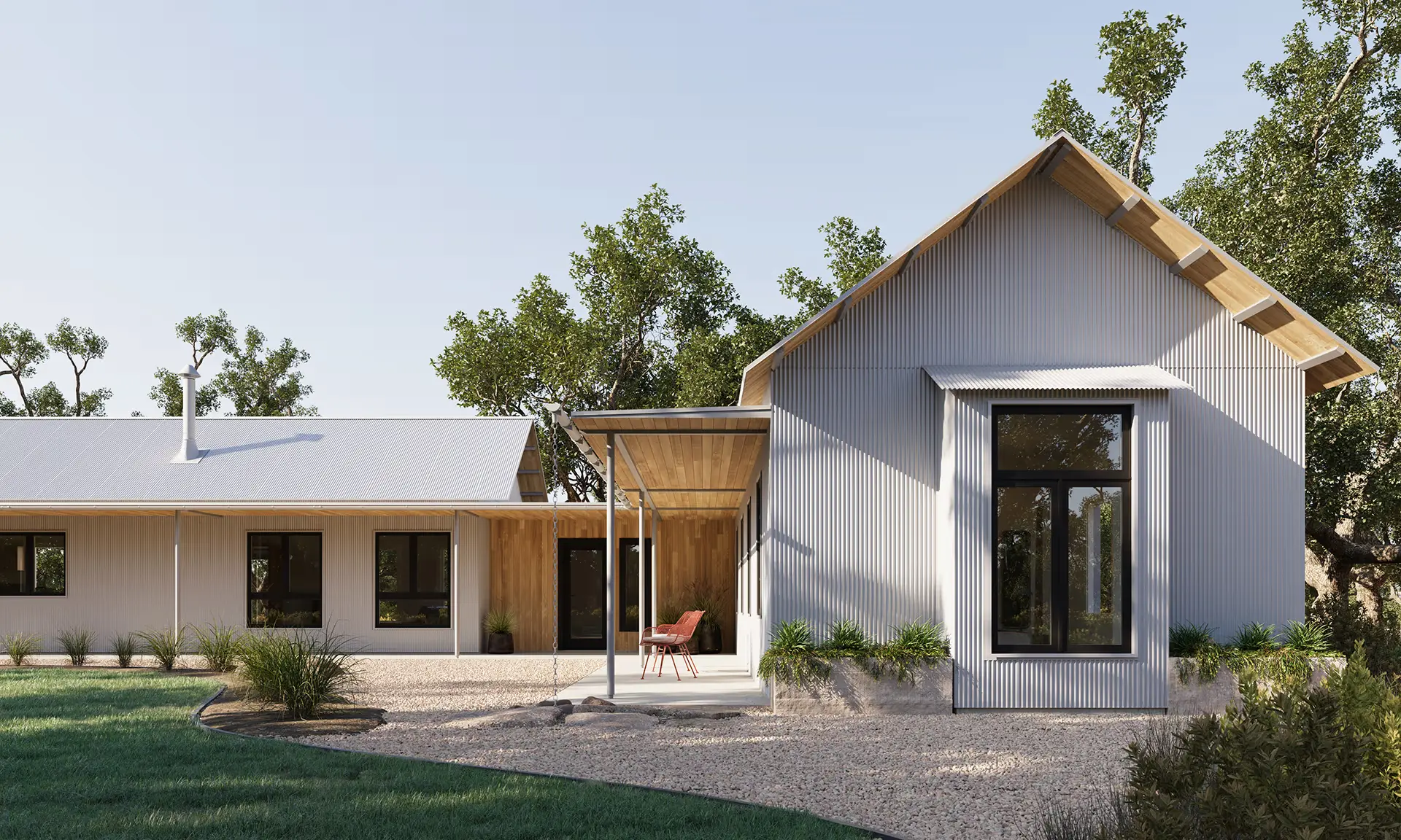 Modern one-story house with a gray corrugated metal exterior, large black-framed windows, and a small covered porch with a chair—perfect for preparing for summer heat, surrounded by trees and a gravel pathway.