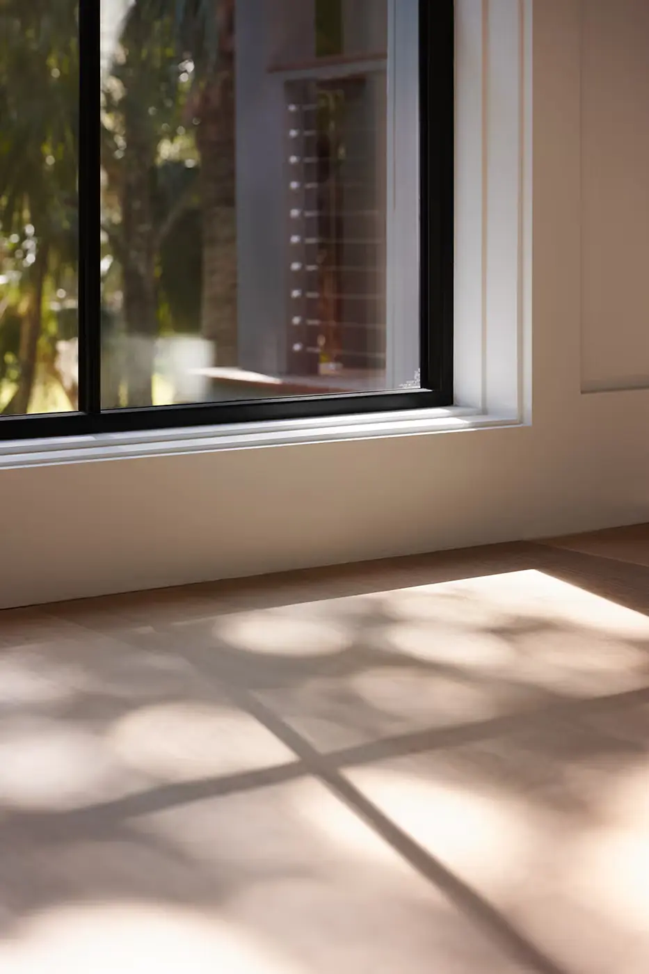 summer_heat_window Sunlight streams through a large window, casting soft shadows on a light-colored floor inside a room. Trees and greenery are visible outside through the glass.